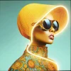 New KARE Design Framed Picture LED Sun Hat Woman Yellow 80x80cm