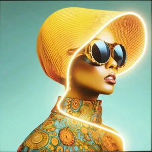 New KARE Design Framed Picture LED Sun Hat Woman Yellow 80x80cm